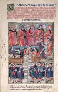 Reitor de comerciantes e vereadores de Paris, cena da arrecadação de impostos, página de rosto de &39;Ordens Reais da Jurisdição da Previdência dos Mercadores e Echevinage da Cidade de Paris&39;, 1501, ed.